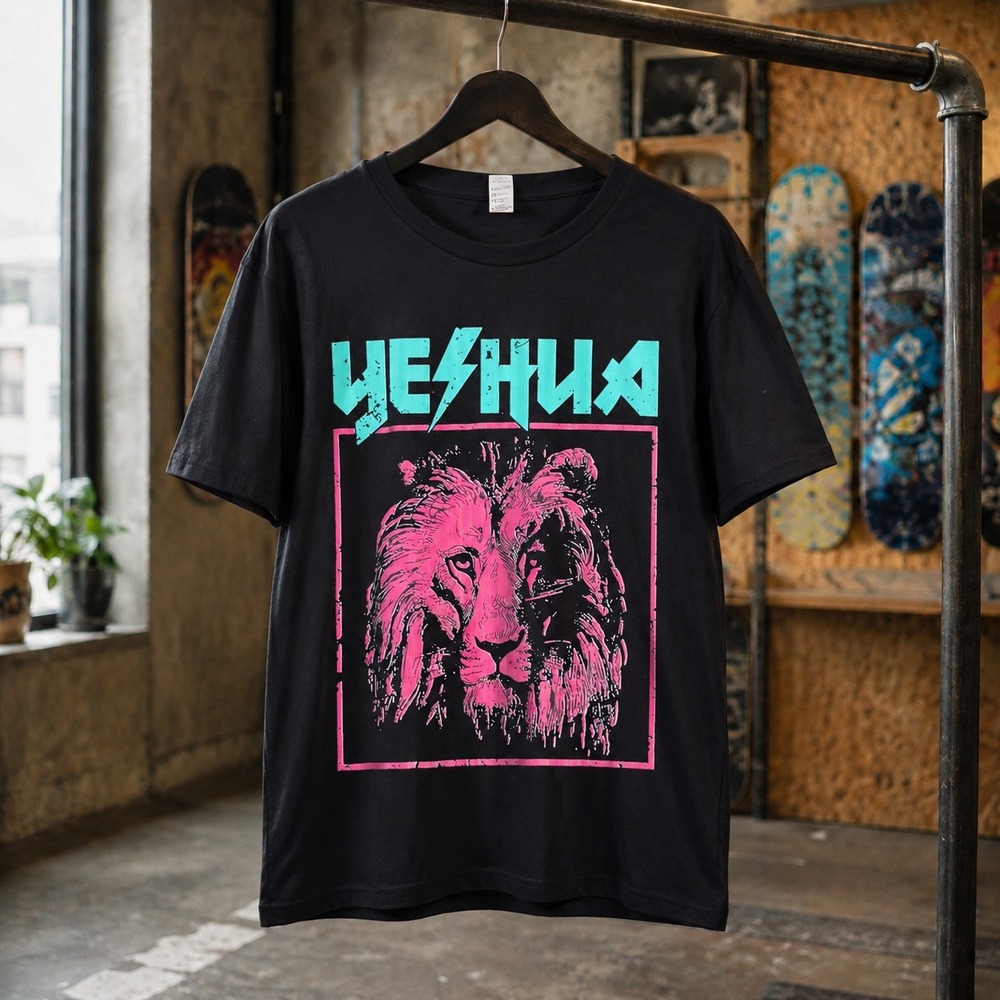 Yeshua Lion Graphic Tee Black XL Streetwear Neon Pink Teal Cotton Shirt